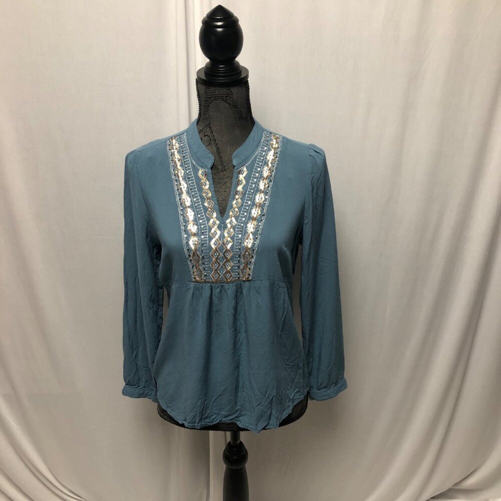 Tanzara Peasant Top Womens Size Medium Blue Bedazzled V Neck Boho Peasant Shirt